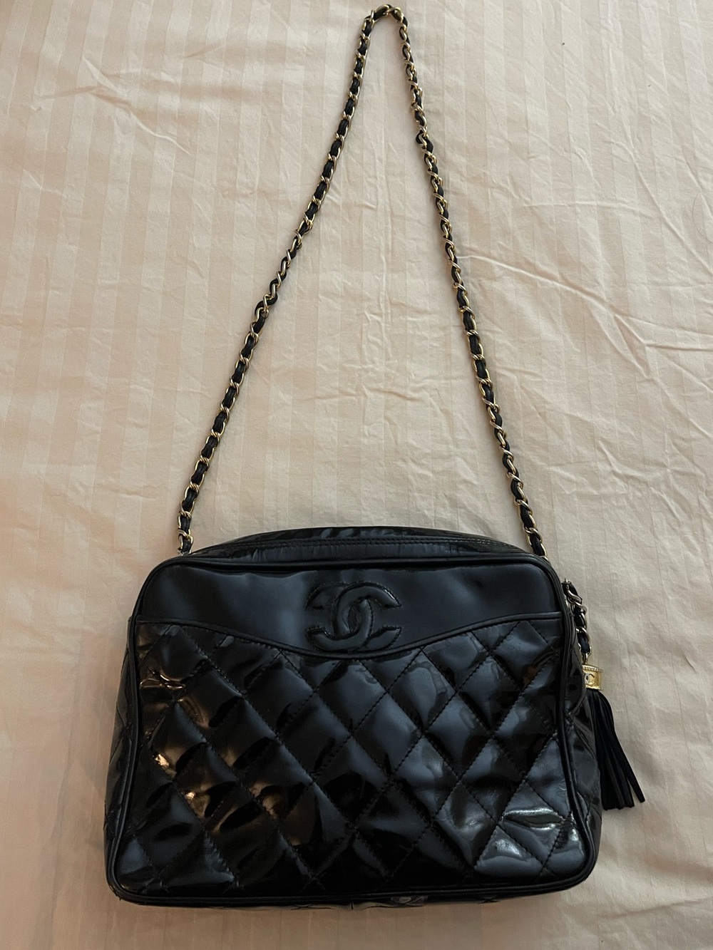 CHANEL Vintage Camera Black Quilted Patent Leather Shoulder Bag with Tassel